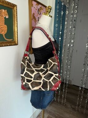 Y2K Giraffe Print Hobo Bag with Red Trim